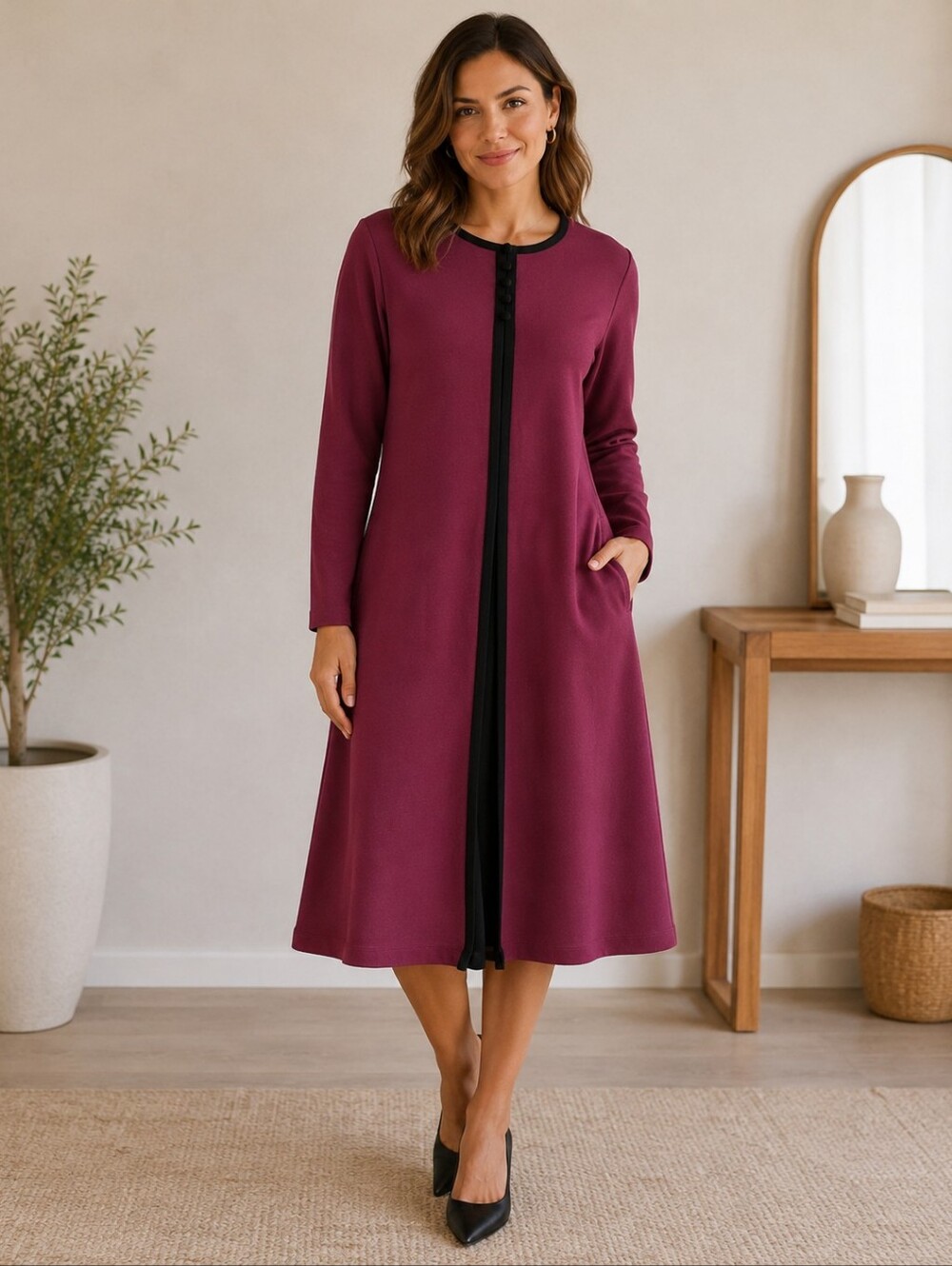 Liz Claiborne Plum Long Sleeve Dress with Black Trim
